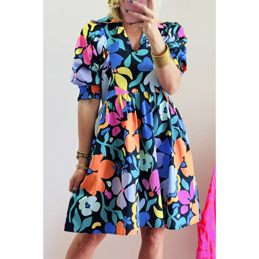 Blue Collared Split Neck Floral Flared Dress Blue / S / 100% Cotton Dresses/Floral Dresses