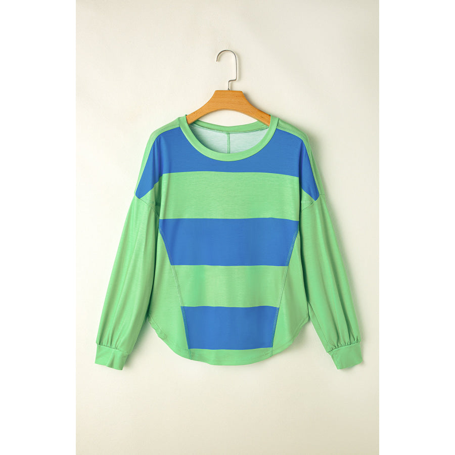 Blue Colorblock Striped Drop Shoulder Loose Top Blue / S / 95% Polyester + 5% Elastane Tops/Long Sleeve Tops
