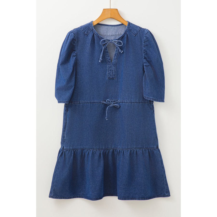 Blue Drawstring High Waist Puff Sleeve Denim Mini Dress Dresses/Mini Dresses