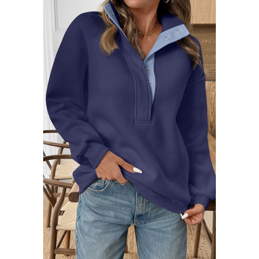 Blue Drop Shoulder Metal Button Casual Pullover Sweatshirt Dirty / S / 50% Polyester + 50% Cotton Tops/Sweatshirts & Hoodies