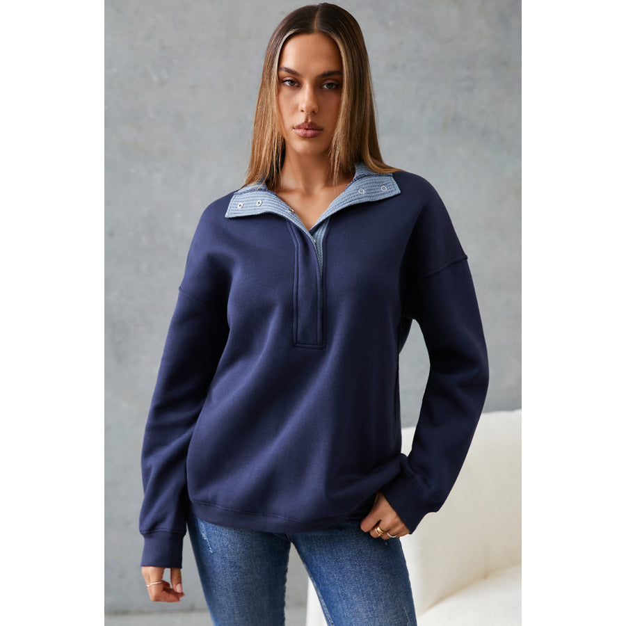 Blue Drop Shoulder Metal Button Casual Pullover Sweatshirt Tops/Sweatshirts & Hoodies