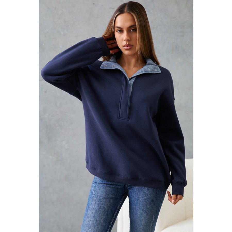Blue Drop Shoulder Metal Button Casual Pullover Sweatshirt Tops/Sweatshirts & Hoodies