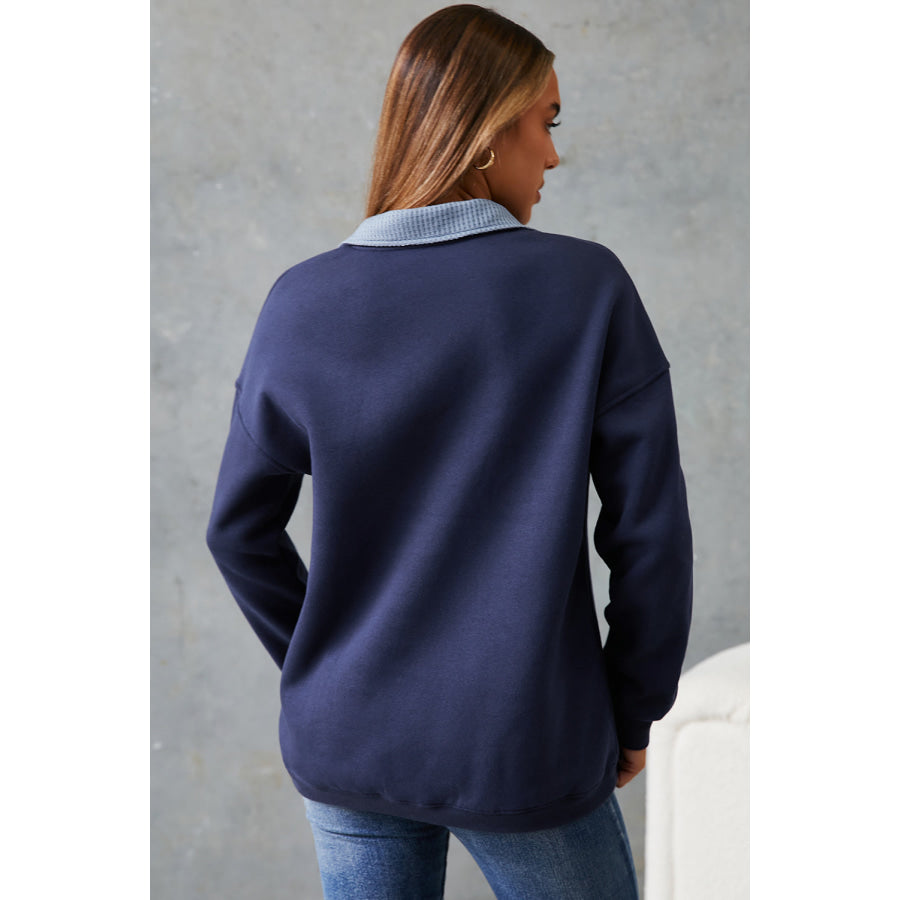 Blue Drop Shoulder Metal Button Casual Pullover Sweatshirt Tops/Sweatshirts & Hoodies