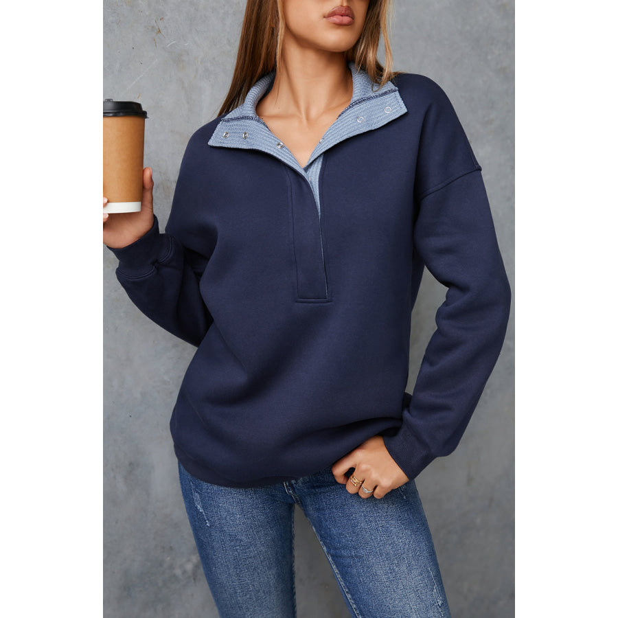 Blue Drop Shoulder Metal Button Casual Pullover Sweatshirt Tops/Sweatshirts & Hoodies