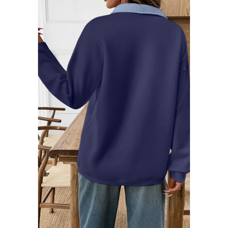 Blue Drop Shoulder Metal Button Casual Pullover Sweatshirt Tops/Sweatshirts & Hoodies