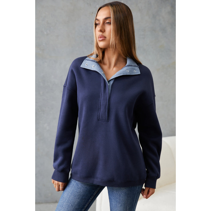 Blue Drop Shoulder Metal Button Casual Pullover Sweatshirt Tops/Sweatshirts & Hoodies