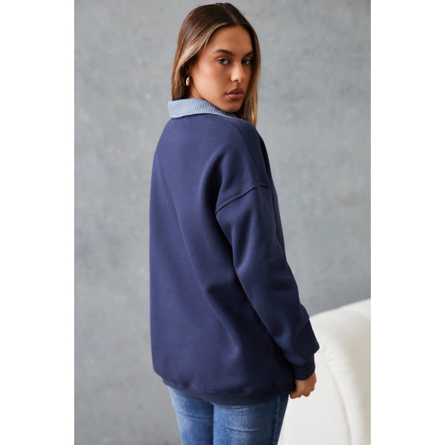 Blue Drop Shoulder Metal Button Casual Pullover Sweatshirt Tops/Sweatshirts & Hoodies