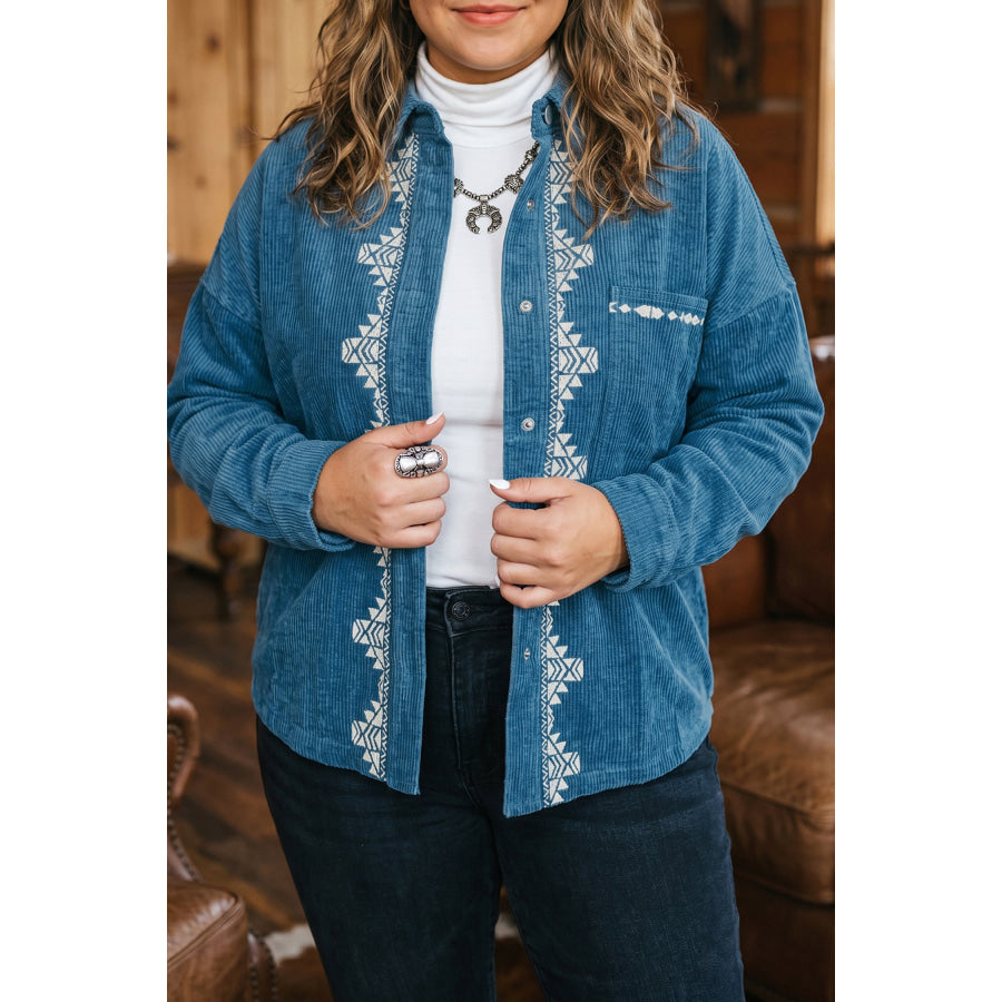Blue Embroidered Corduroy V-Neck Long Sleeve Plus Size Shirt / 1X Size/Plus Outerwear