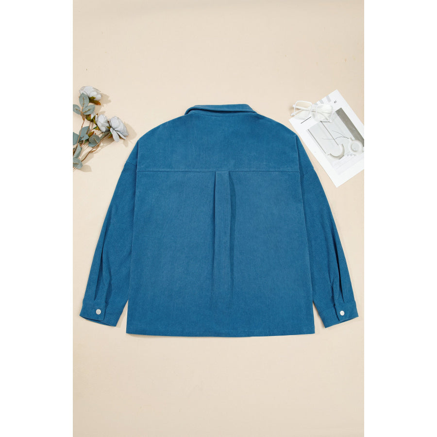 Blue Embroidered Corduroy V-Neck Long Sleeve Plus Size Shirt Size/Plus Outerwear