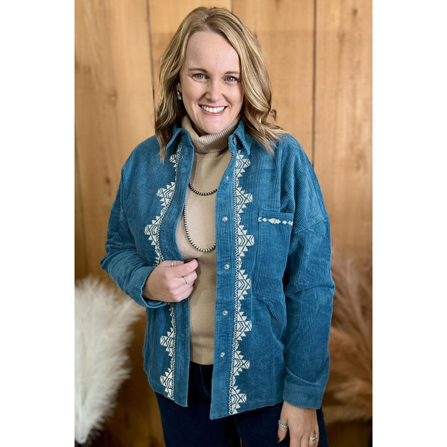 Blue Embroidered Corduroy V-Neck Long Sleeve Plus Size Shirt Size/Plus Outerwear