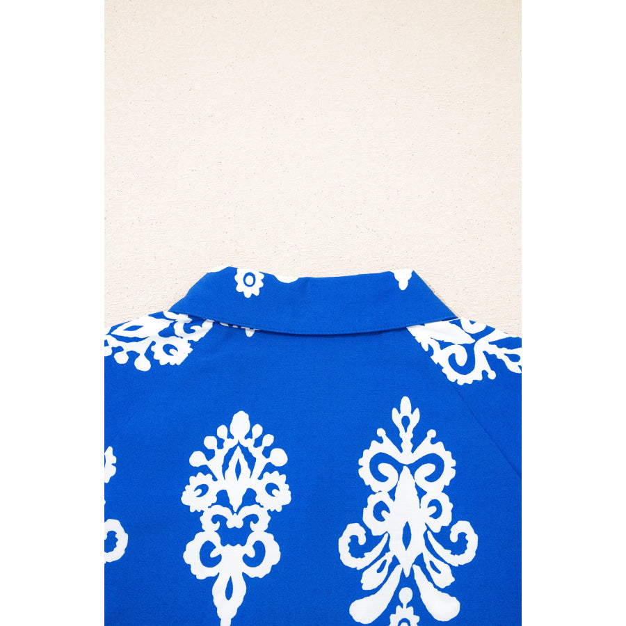 Blue Ethnic Geometric Print Collared Button Front Short Puff Sleeve Mini Dress Dresses/Mini Dresses
