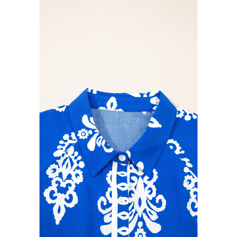 Blue Ethnic Geometric Print Collared Button Front Short Puff Sleeve Mini Dress Dresses/Mini Dresses