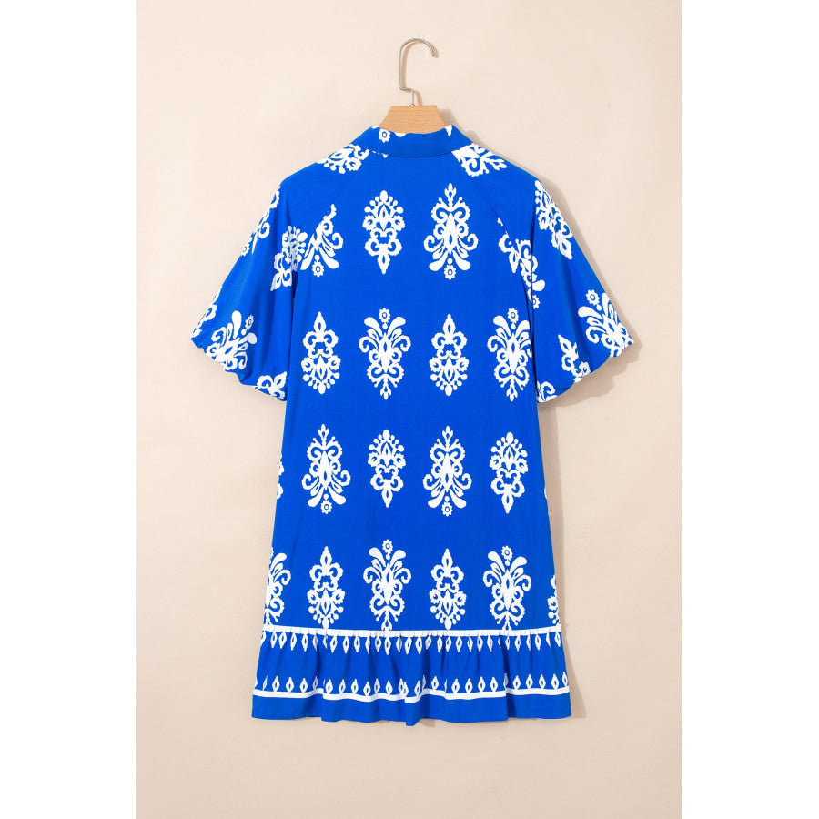 Blue Ethnic Geometric Print Collared Button Front Short Puff Sleeve Mini Dress Dresses/Mini Dresses
