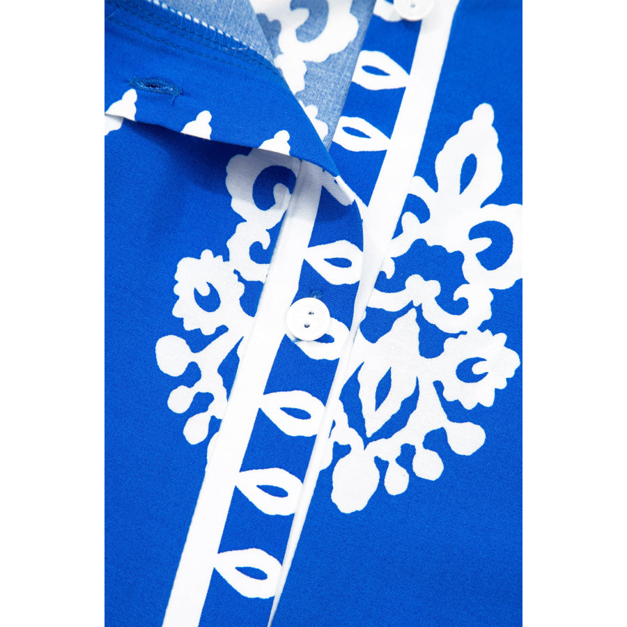 Blue Ethnic Geometric Print Collared Button Front Short Puff Sleeve Mini Dress Dresses/Mini Dresses