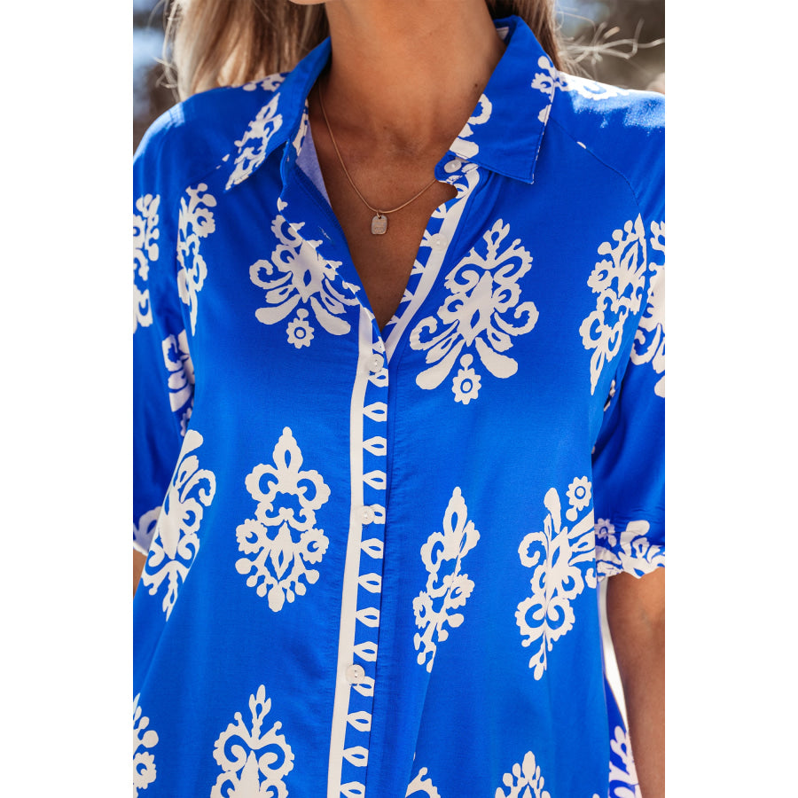 Blue Ethnic Geometric Print Collared Button Front Short Puff Sleeve Mini Dress Dresses/Mini Dresses