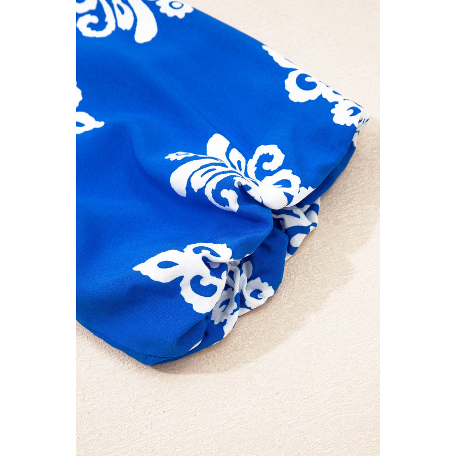 Blue Ethnic Geometric Print Collared Button Front Short Puff Sleeve Mini Dress Dresses/Mini Dresses
