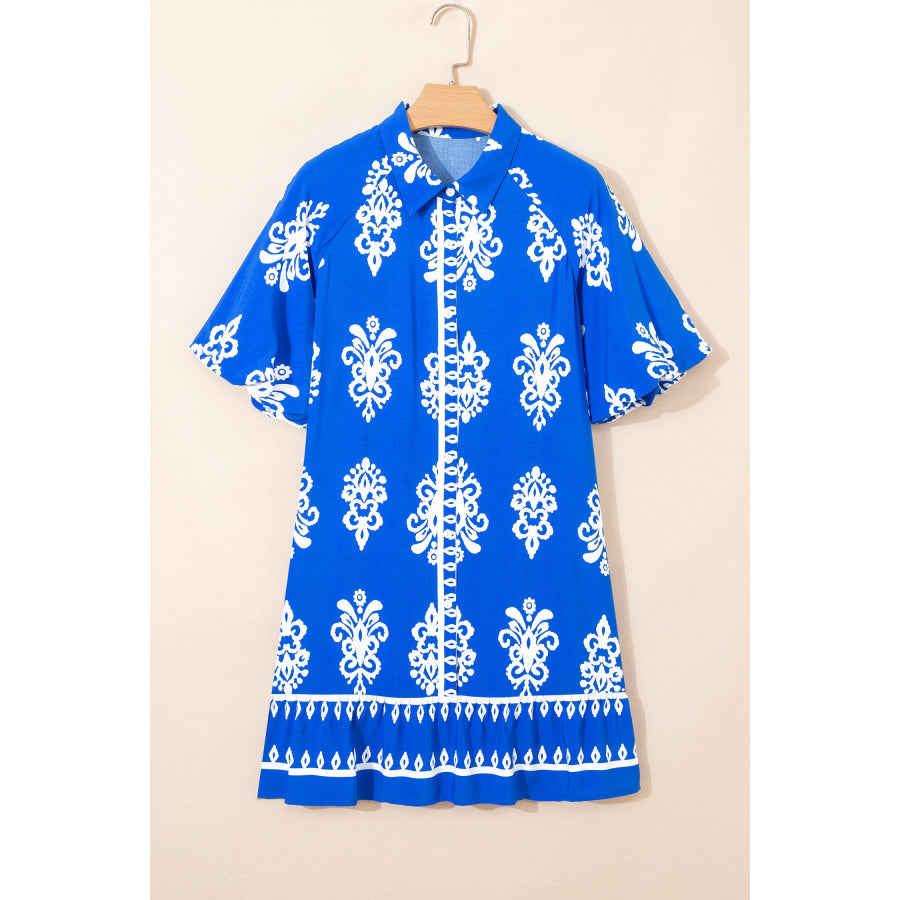 Blue Ethnic Geometric Print Collared Button Front Short Puff Sleeve Mini Dress Blue / S / 100% Viscose Dresses/Mini Dresses