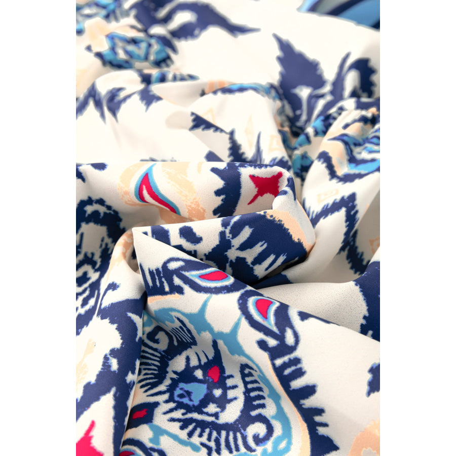 Blue Ethnic Print Striped Split Neck Long Sleeve Flowy Mini Dress Dresses/Mini Dresses