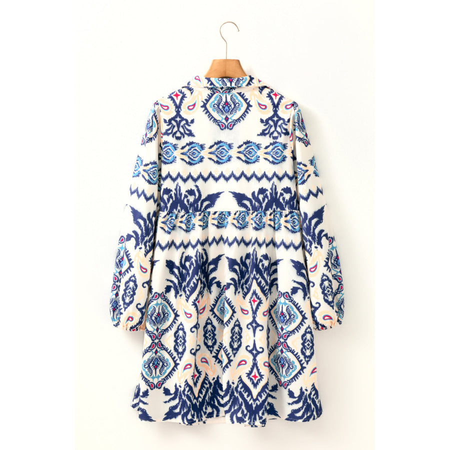 Blue Ethnic Print Striped Split Neck Long Sleeve Flowy Mini Dress Dresses/Mini Dresses