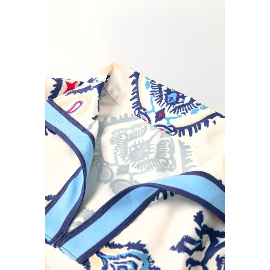 Blue Ethnic Print Striped Split Neck Long Sleeve Flowy Mini Dress Dresses/Mini Dresses