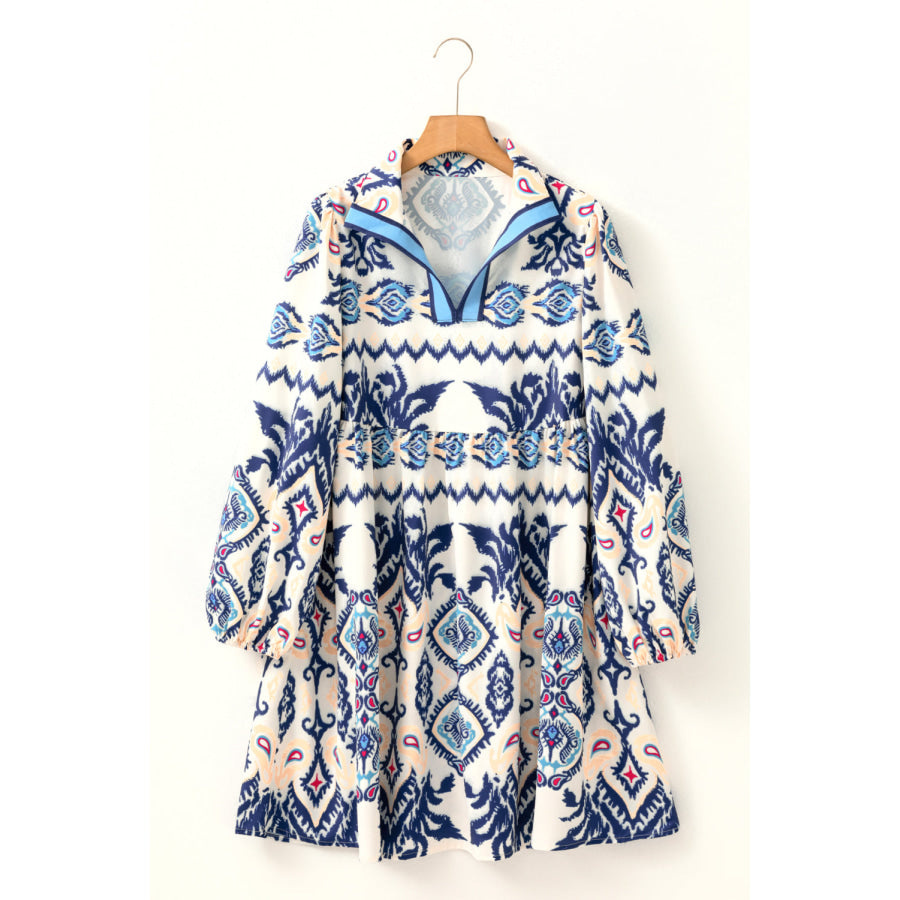 Blue Ethnic Print Striped Split Neck Long Sleeve Flowy Mini Dress Dresses/Mini Dresses