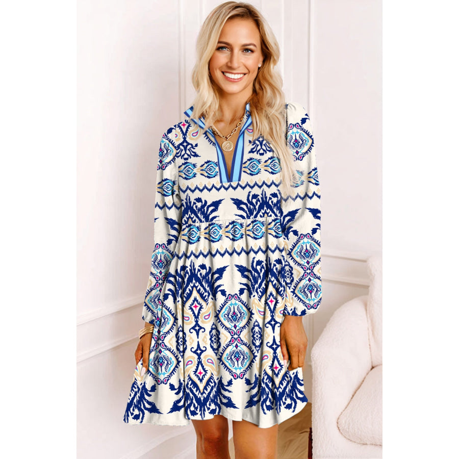 Blue Ethnic Print Striped Split Neck Long Sleeve Flowy Mini Dress Dresses/Mini Dresses