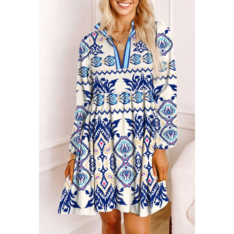 Blue Ethnic Print Striped Split Neck Long Sleeve Flowy Mini Dress Blue / S / 100% Polyester Dresses/Mini Dresses