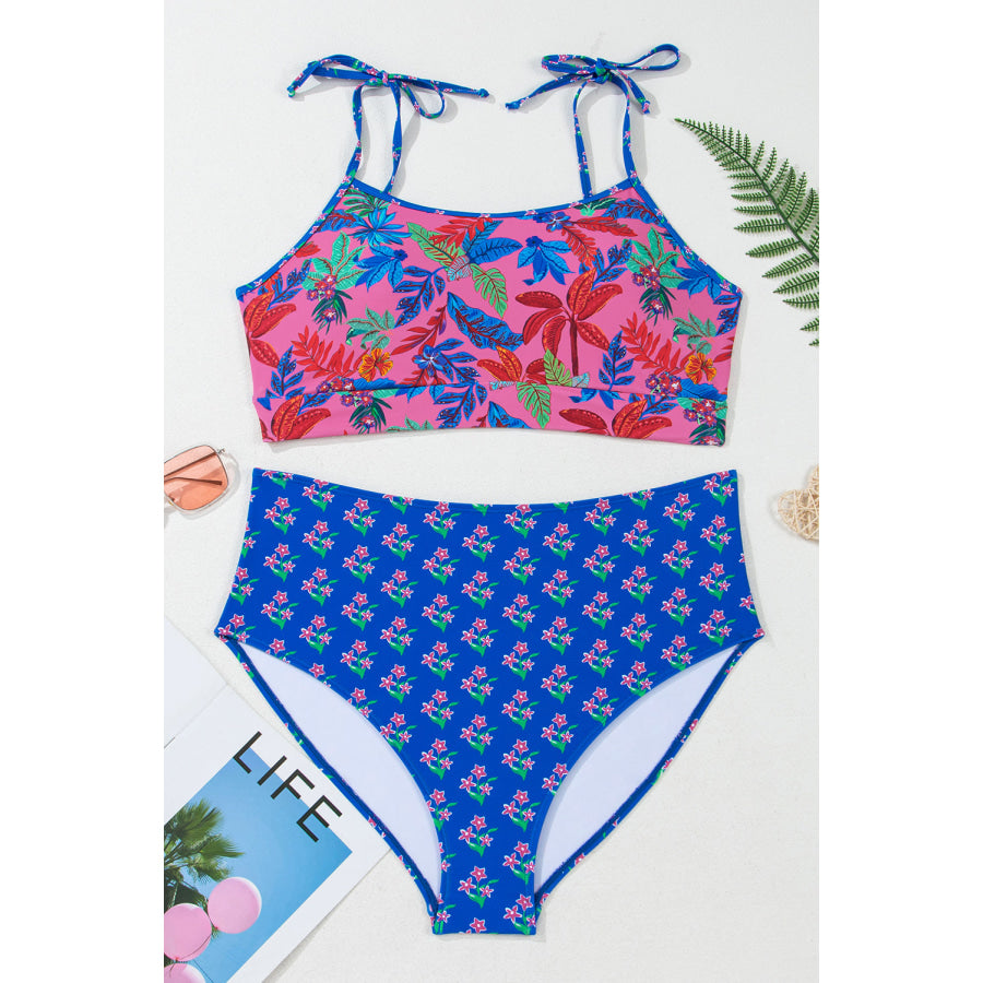 Blue Fashion Print Tied Straps Crop Vest and High Waist Plus Size Bikini Plus Size/Plus Size Swimwear