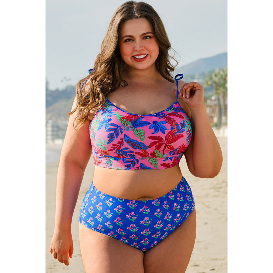 Blue Fashion Print Tied Straps Crop Vest and High Waist Plus Size Bikini Plus Size/Plus Size Swimwear
