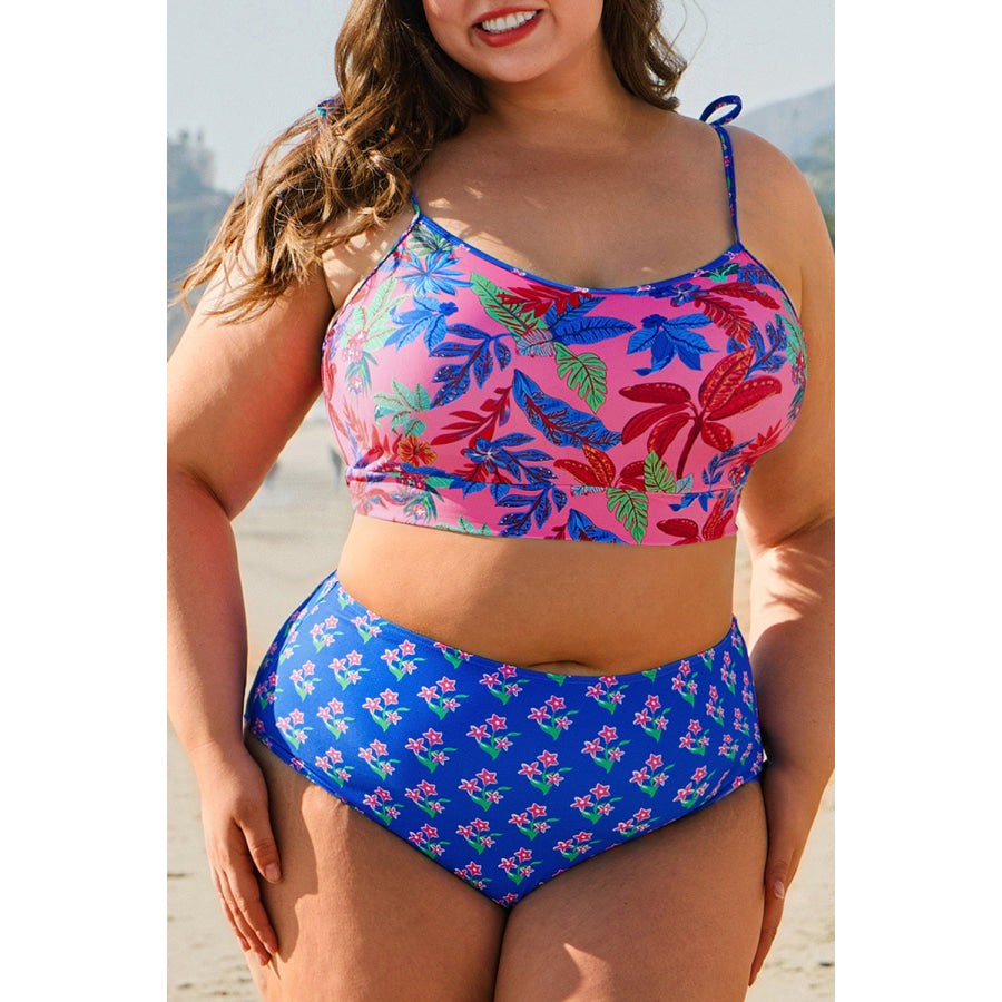 Blue Fashion Print Tied Straps Crop Vest and High Waist Plus Size Bikini Plus Size/Plus Size Swimwear