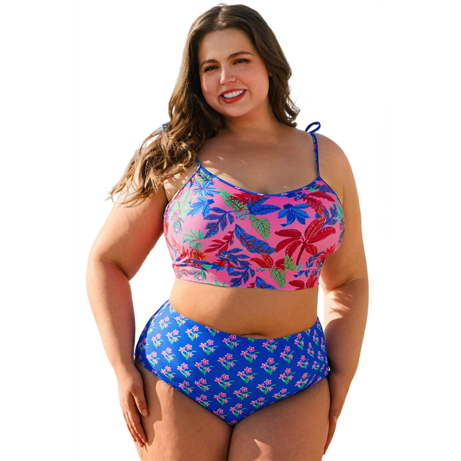 Blue Fashion Print Tied Straps Crop Vest and High Waist Plus Size Bikini Plus Size/Plus Size Swimwear
