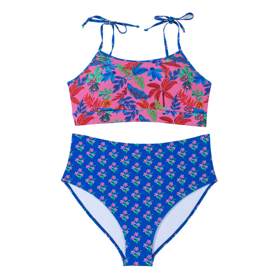 Blue Fashion Print Tied Straps Crop Vest and High Waist Plus Size Bikini Plus Size/Plus Size Swimwear