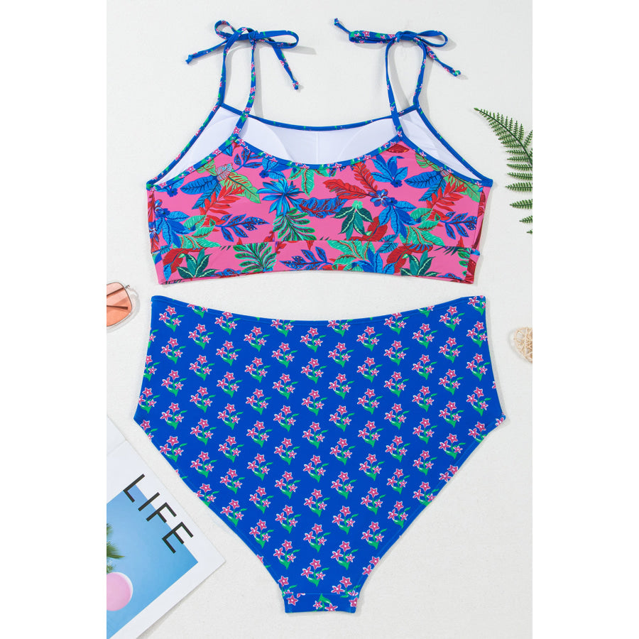 Blue Fashion Print Tied Straps Crop Vest and High Waist Plus Size Bikini Plus Size/Plus Size Swimwear