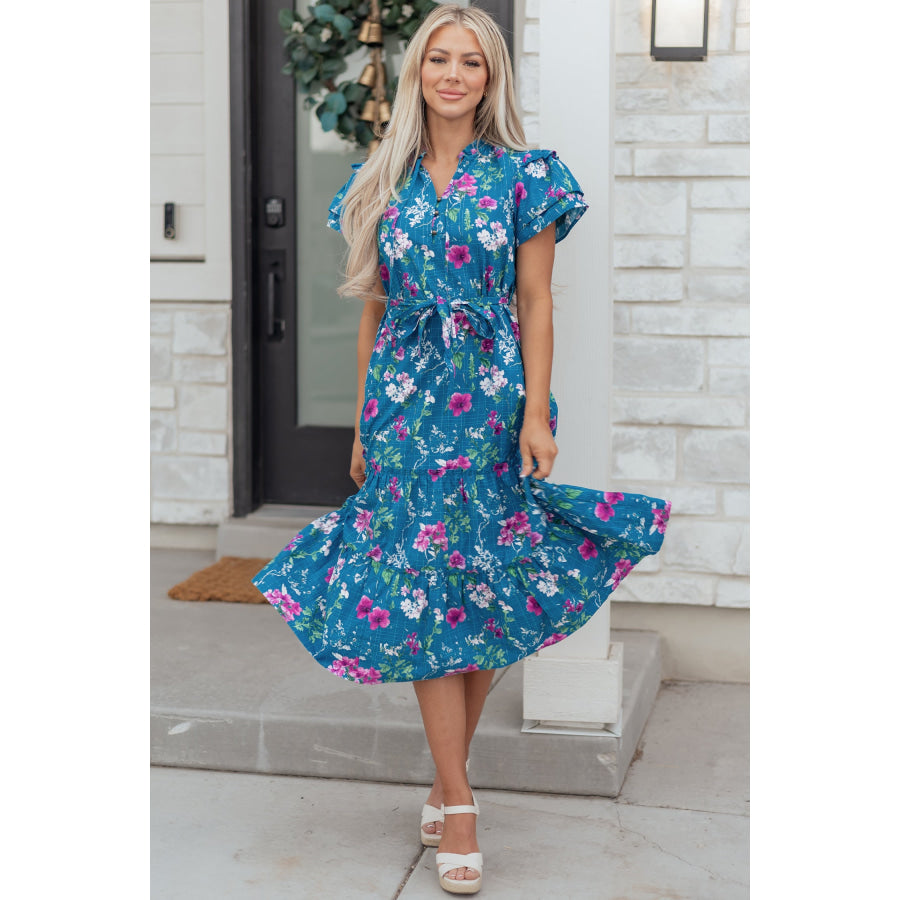 Blue Floral Flutter Sleeve Button Tie Split Neck Belted Long Dress Dresses/Floral Dresses