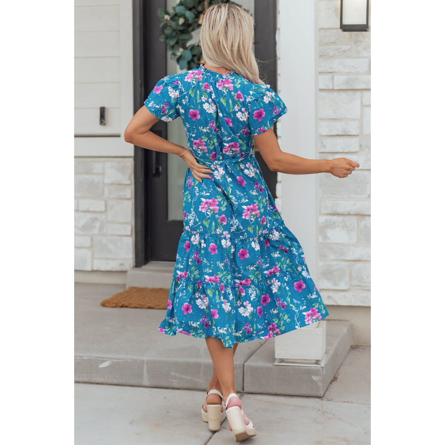 Blue Floral Flutter Sleeve Button Tie Split Neck Belted Long Dress Dresses/Floral Dresses