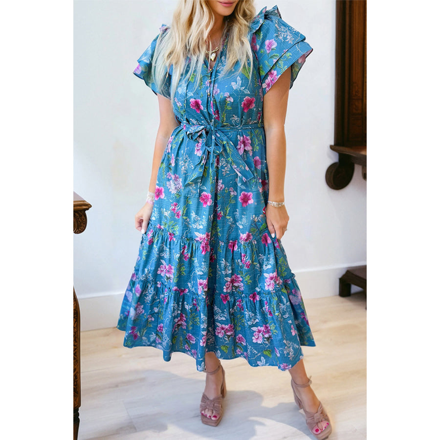 Blue Floral Flutter Sleeve Button Tie Split Neck Belted Long Dress Dresses/Floral Dresses