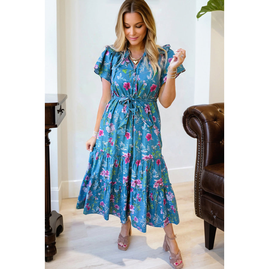 Blue Floral Flutter Sleeve Button Tie Split Neck Belted Long Dress Dresses/Floral Dresses
