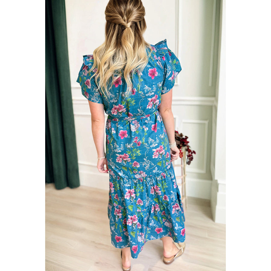 Blue Floral Flutter Sleeve Button Tie Split Neck Belted Long Dress Dresses/Floral Dresses