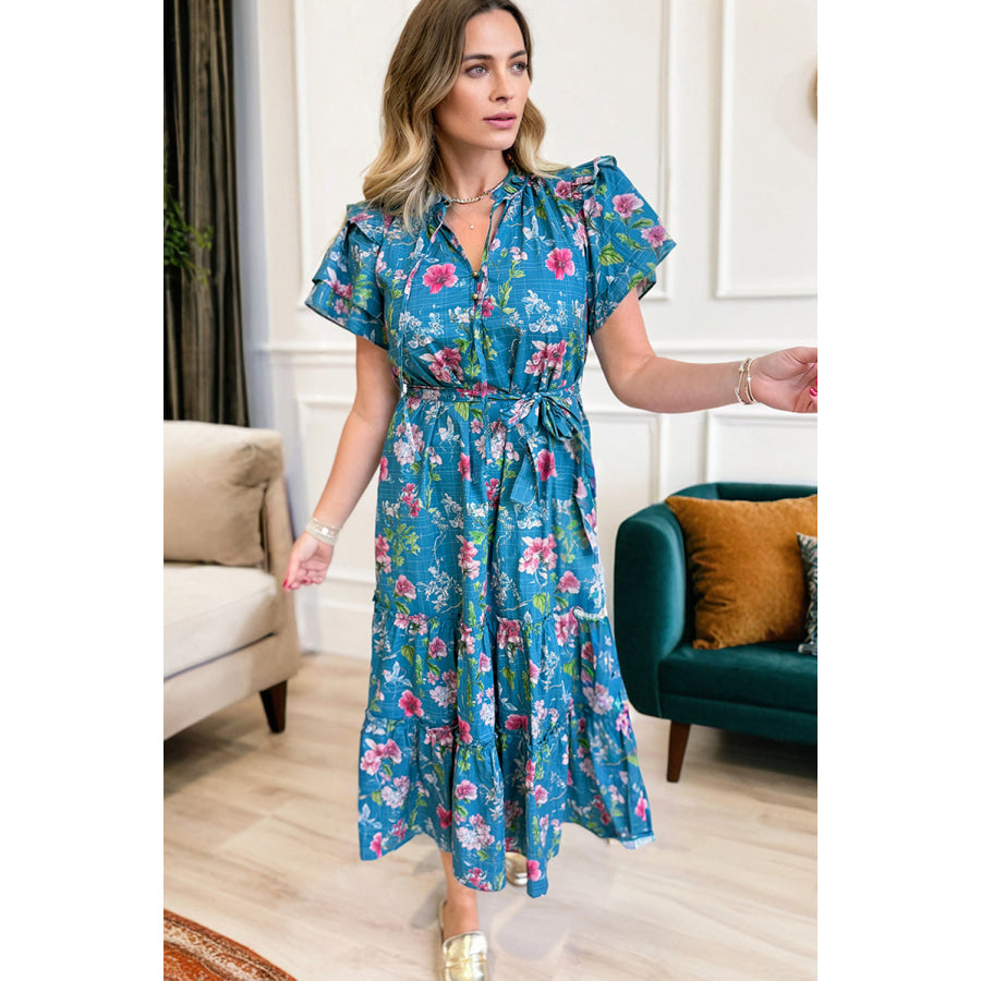 Blue Floral Flutter Sleeve Button Tie Split Neck Belted Long Dress Dresses/Floral Dresses