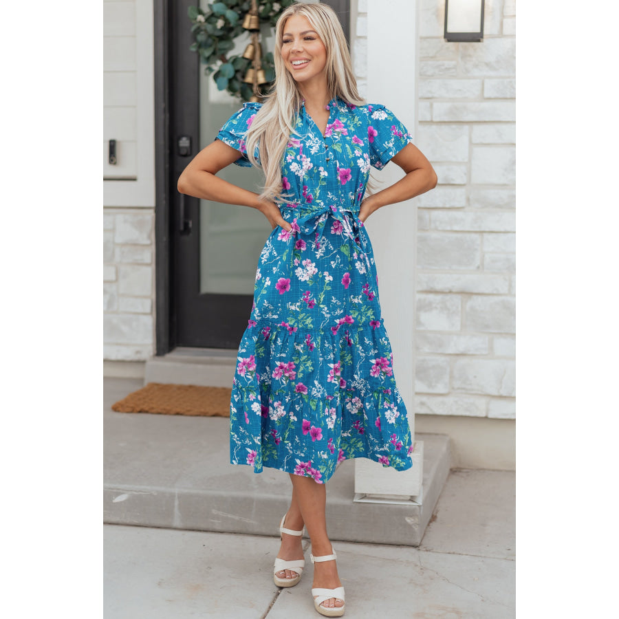 Blue Floral Flutter Sleeve Button Tie Split Neck Belted Long Dress Dresses/Floral Dresses