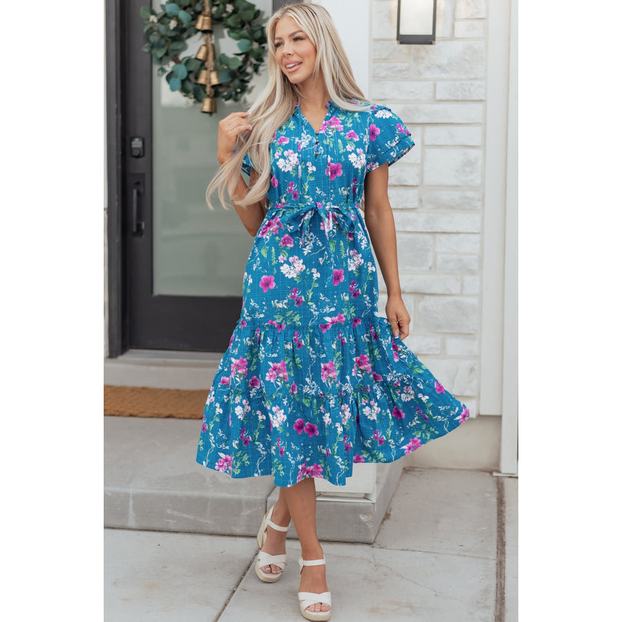 Blue Floral Flutter Sleeve Button Tie Split Neck Belted Long Dress Blue / S / 100% Cotton Dresses/Floral Dresses