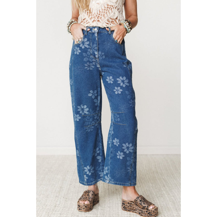 Blue Floral Print Ankle Length Casual Pocket Jeans / 4 Bottoms/Jeans