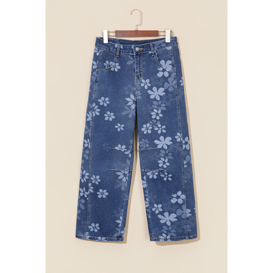 Blue Floral Print Ankle Length Casual Pocket Jeans Bottoms/Jeans