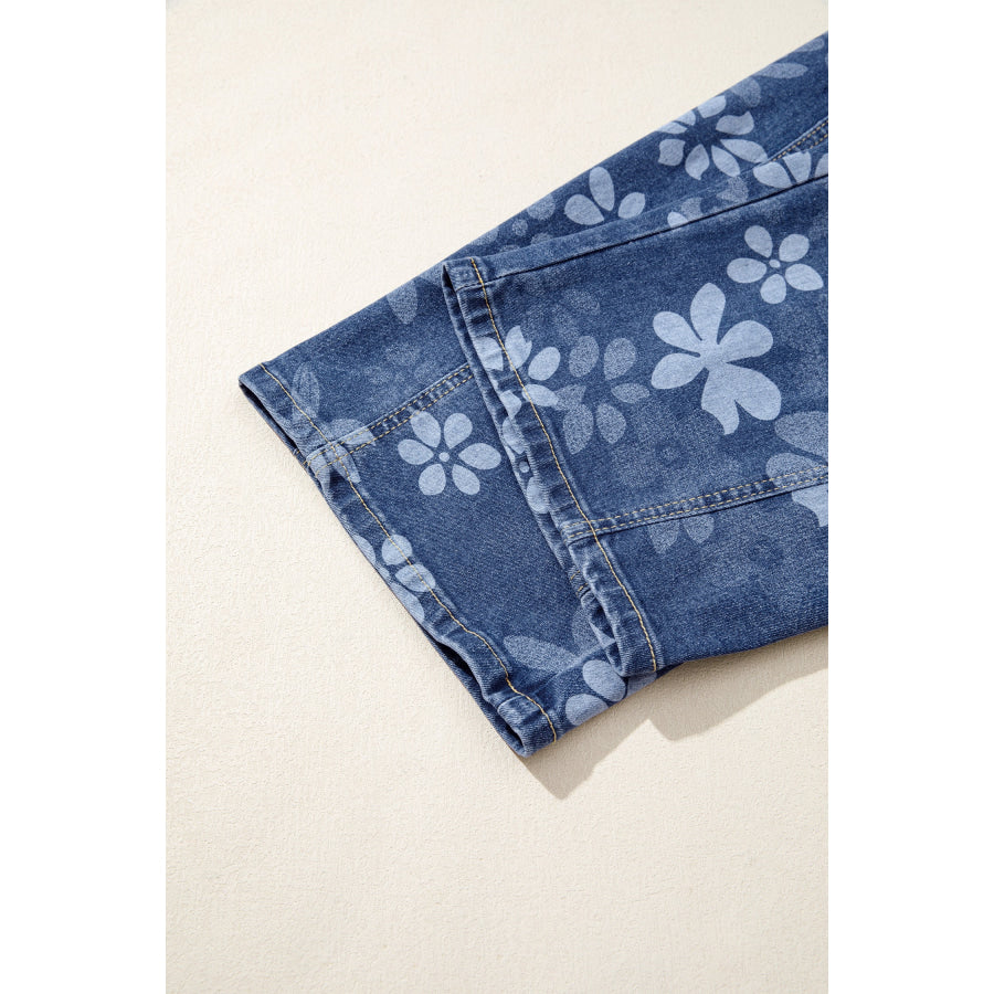 Blue Floral Print Ankle Length Casual Pocket Jeans Bottoms/Jeans