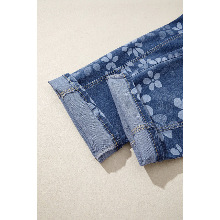 Blue Floral Print Ankle Length Casual Pocket Jeans Bottoms/Jeans