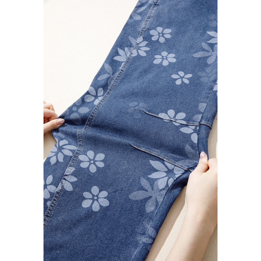 Blue Floral Print Ankle Length Casual Pocket Jeans Bottoms/Jeans