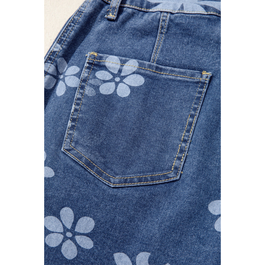 Blue Floral Print Ankle Length Casual Pocket Jeans Bottoms/Jeans
