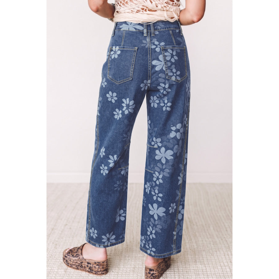 Blue Floral Print Ankle Length Casual Pocket Jeans Bottoms/Jeans