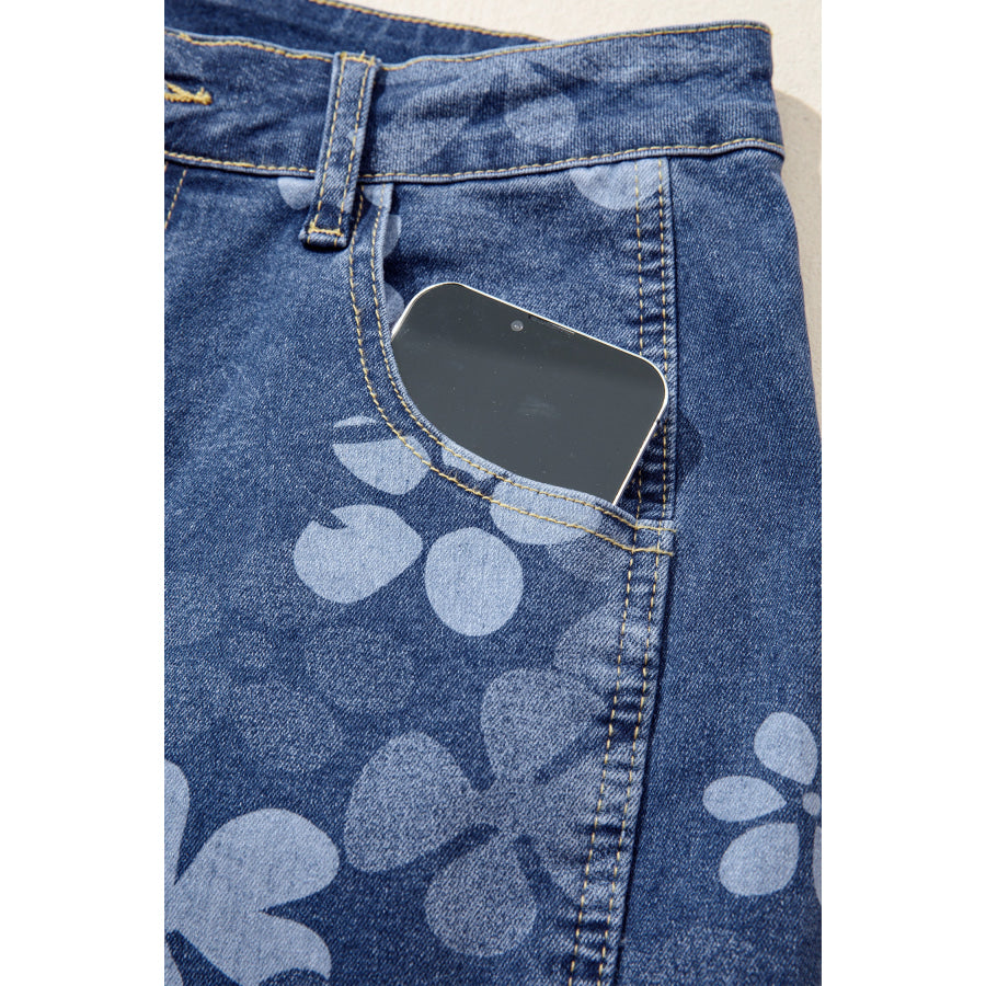 Blue Floral Print Ankle Length Casual Pocket Jeans Bottoms/Jeans