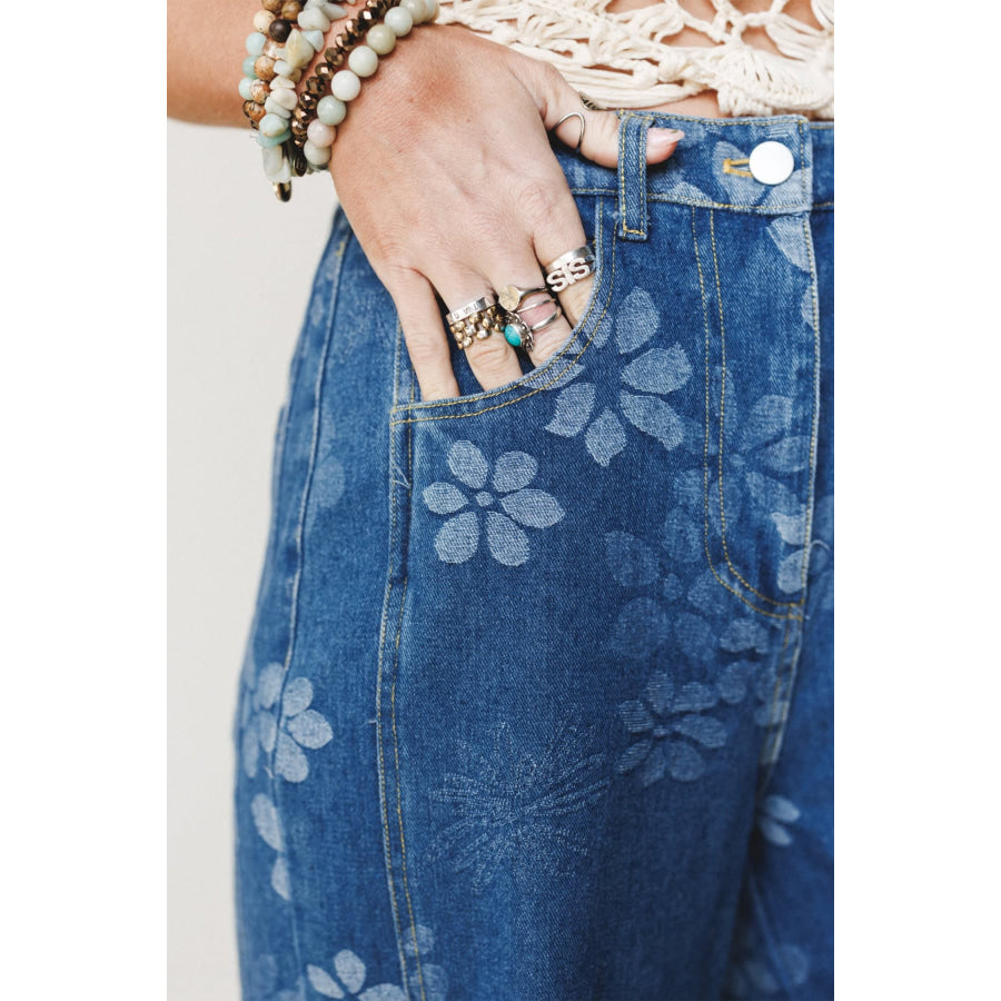 Blue Floral Print Ankle Length Casual Pocket Jeans Bottoms/Jeans